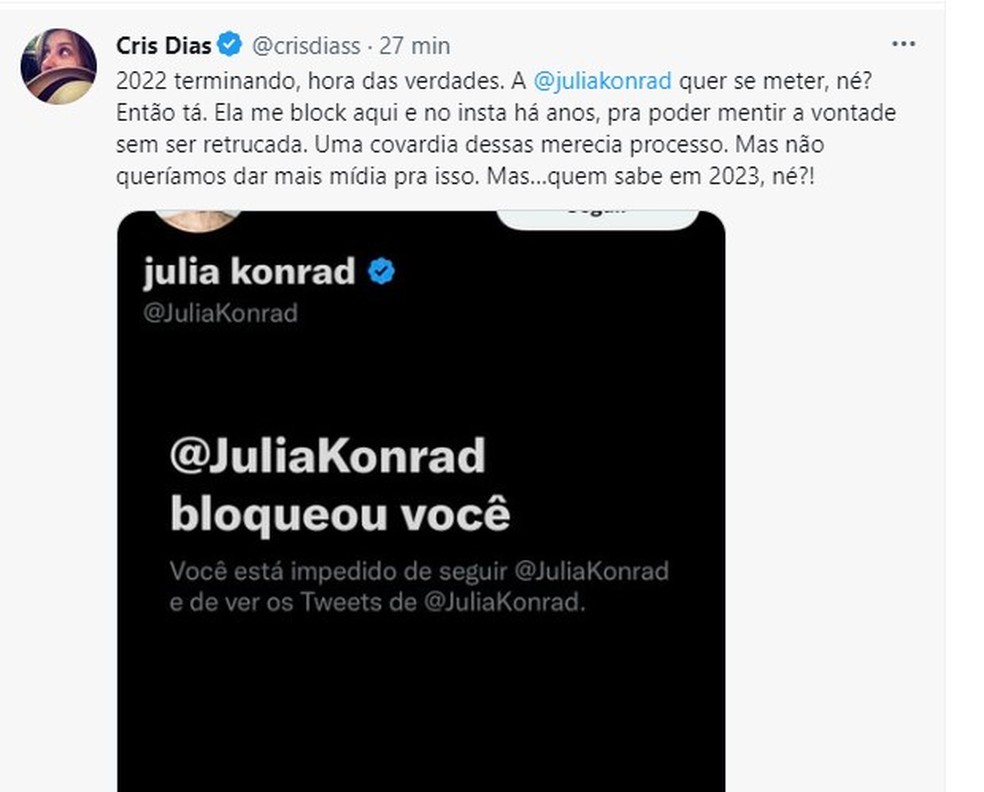 Cris Dias rebate Julia Konrad — Foto: Reprodução/Twitter