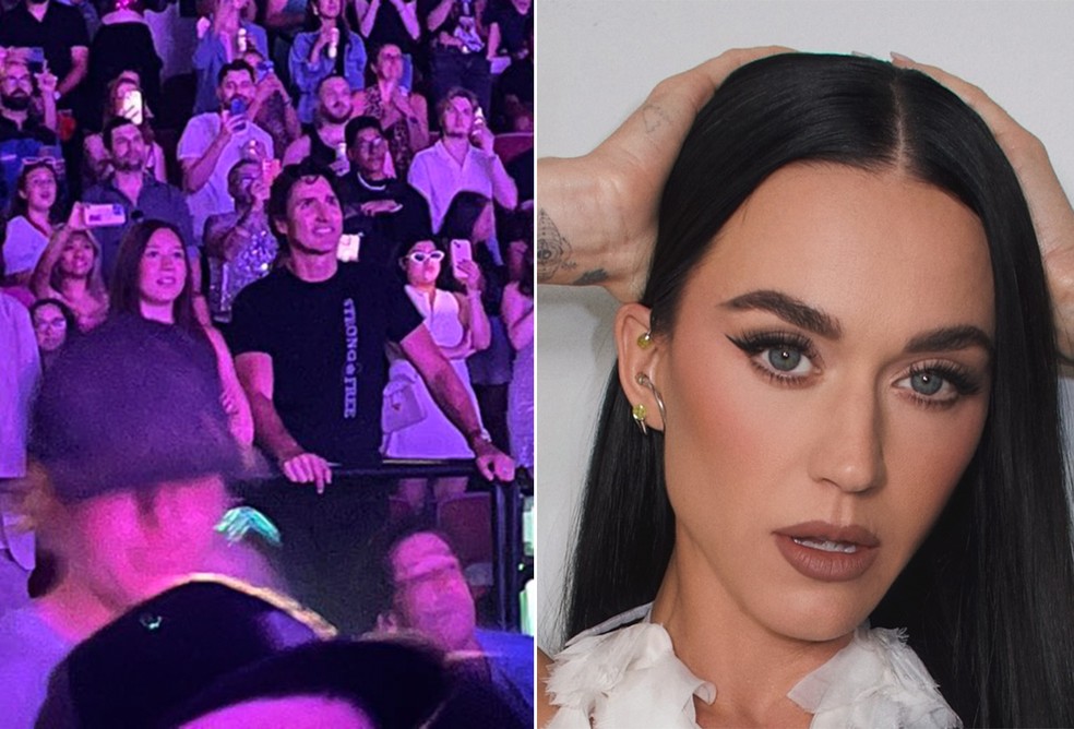 Justin Trudeau (ao centro, de camiseta preta), com a filha, Ella-Grace, em show de Katy Perry — Foto: Reprodução/X