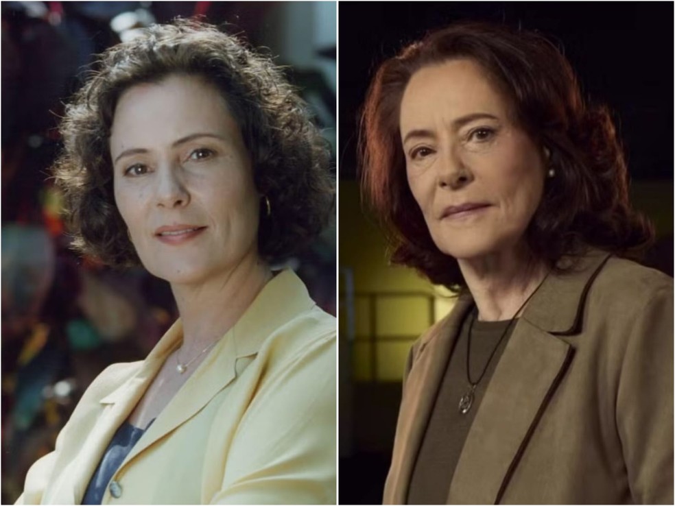 Elizabeth Savala em 'Quem é Você' (Globo, 1996), como Maria Luísa, e com visual atual — Foto: Divulgação/TV Globo e Reprodução/Instagram
