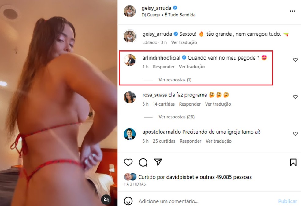 Arlindinho comenta vídeo de Geisy Arruda dançando de fio-dental — Foto: Reprodução/Instagram