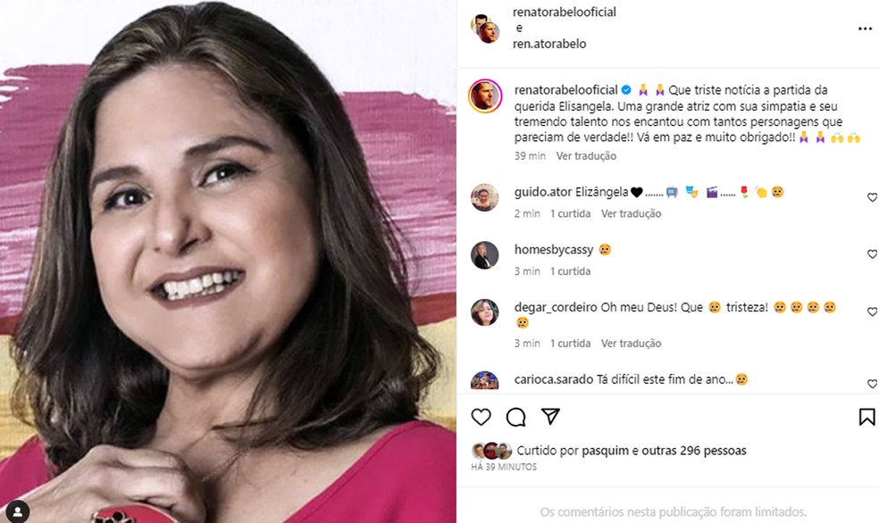 Renato Rabelo lamenta morte de Elizangela — Foto: Instagram