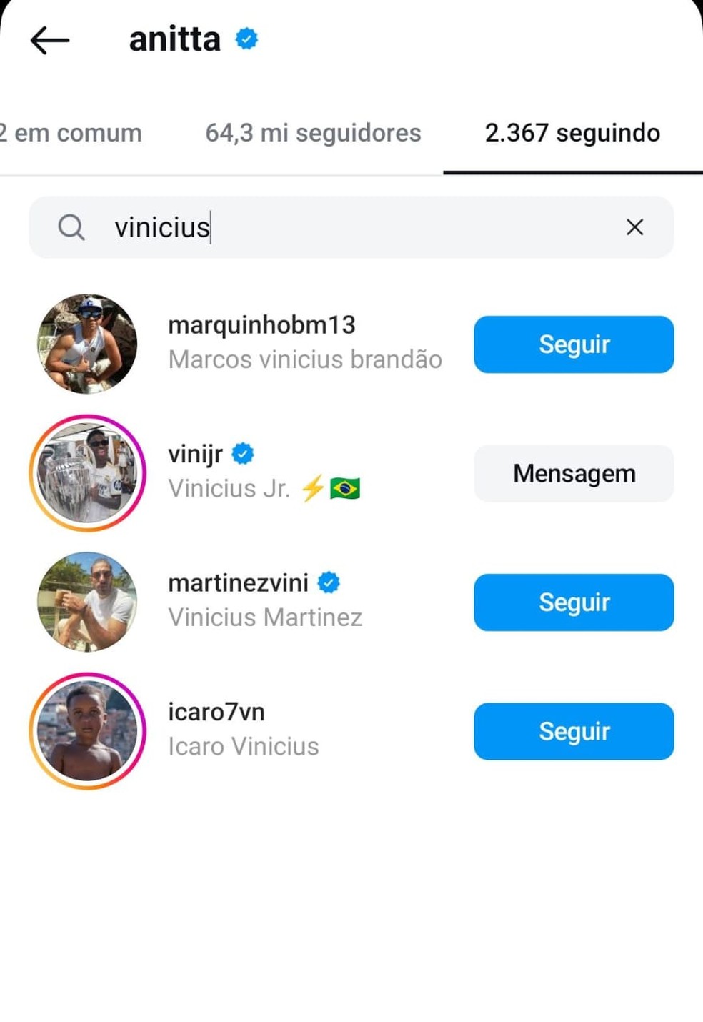 Anitta deixa de seguir Vinicius Souza — Foto: Reprodução/Instagram