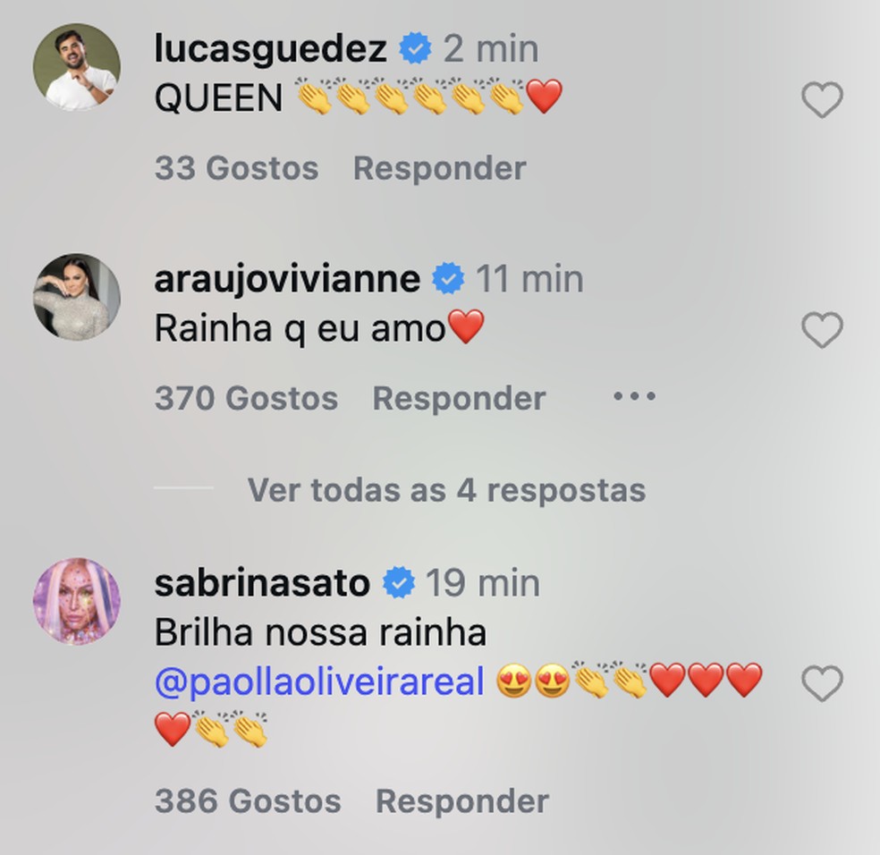 Volta de Paolla Oliveira ao Carnaval é celebrada por Viviane Araújo — Foto: Reprodução/Instagram