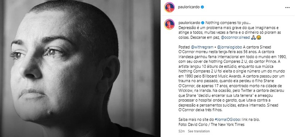 Paulo Ricardo lamenta morte de Sinéad O'Connor — Foto: Reprodução/Instagram