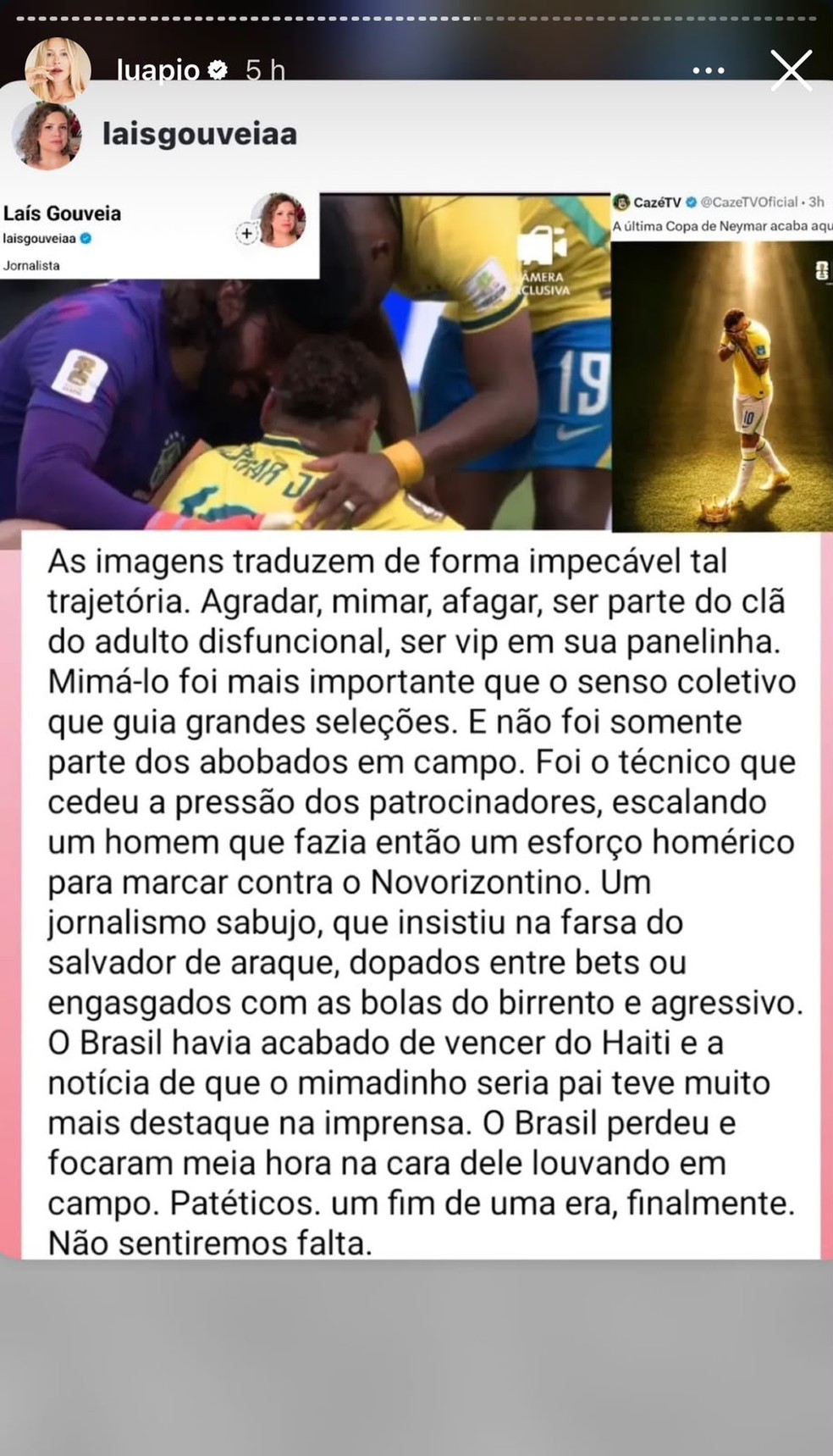 Após derrota do Brasil, Luana Piovani reposta críticas a Neymar e comemora possível 'aposentadoria' do atleta — Foto: Reprodução/Instagram