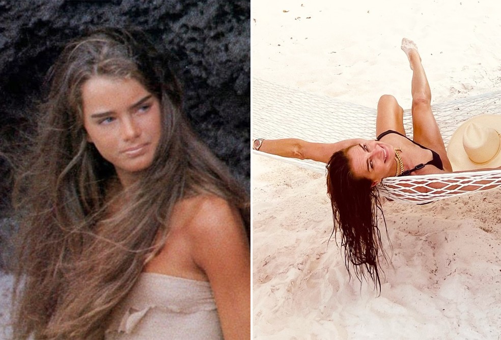 Brooke Shields em 'A Lagoa Azul' (1980) e atualmente — Foto: Divulgação e Reprodução/Instagram