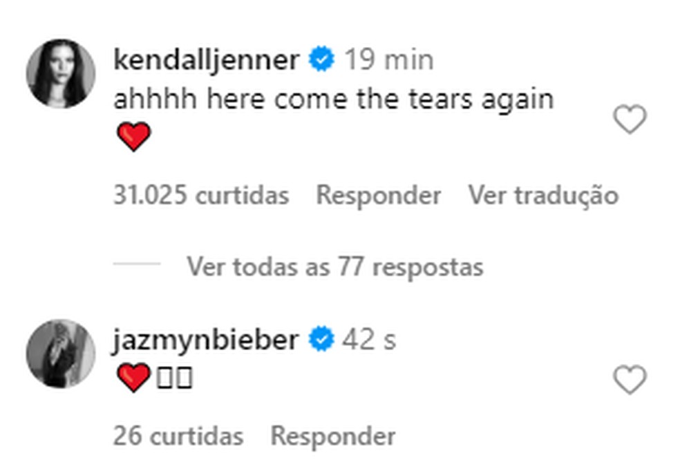 Kendall Jenner e Jazmyn Bieber comemoram gravidez de Hailey e Justin Bieber — Foto: Reprodução/Instagram