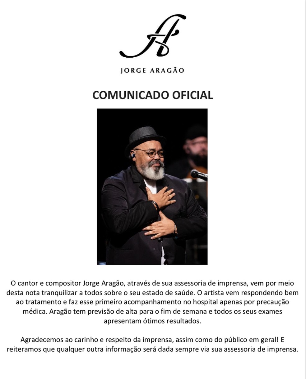 Comunicado oficial da assessoria de Jorge Aragão — Foto: Divulgação