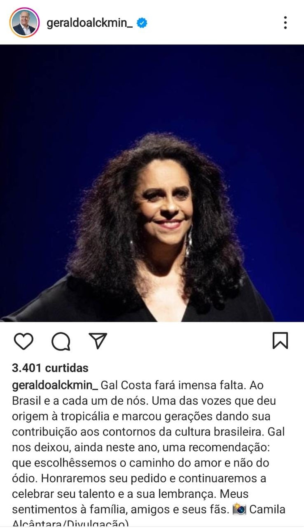 Geraldo Alckmin presta homenagem a Gal — Foto: Reprodução do Instagram