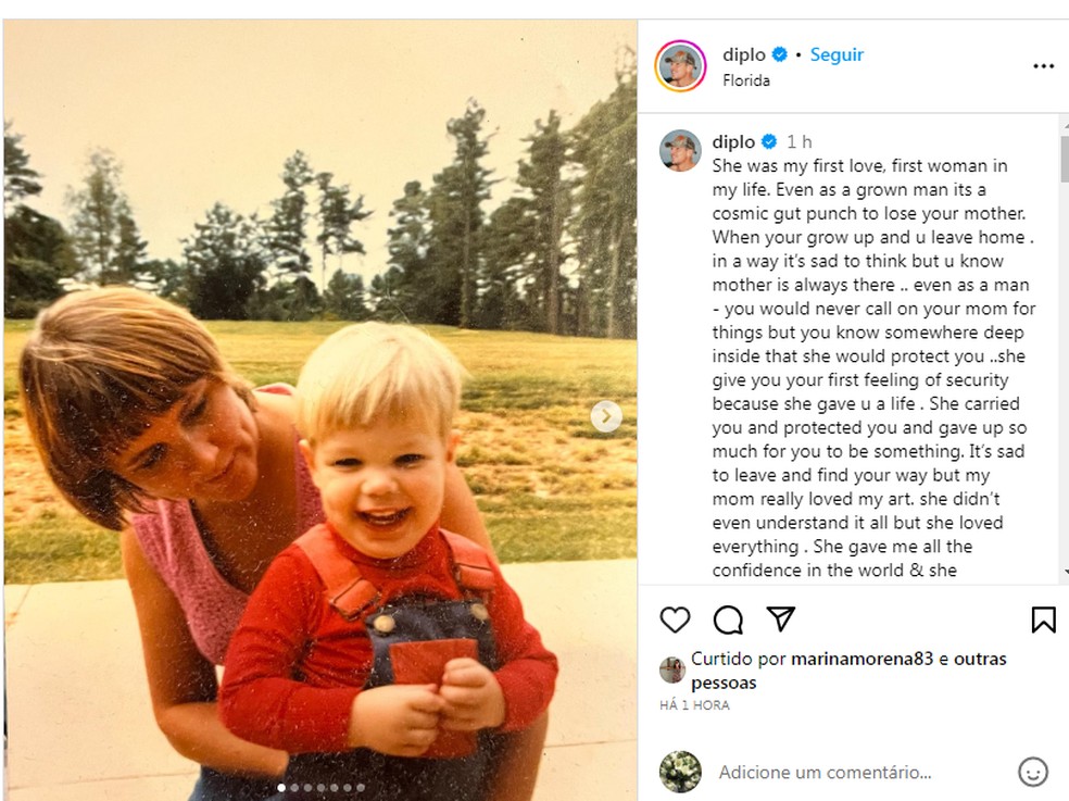 Diplo se despede da mãe em post no Instagram — Foto: Reprodução Instagram