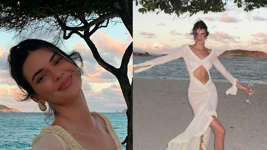 
Kendall Jenner deixa seios à mostra com vestido transparente em ilha deserta