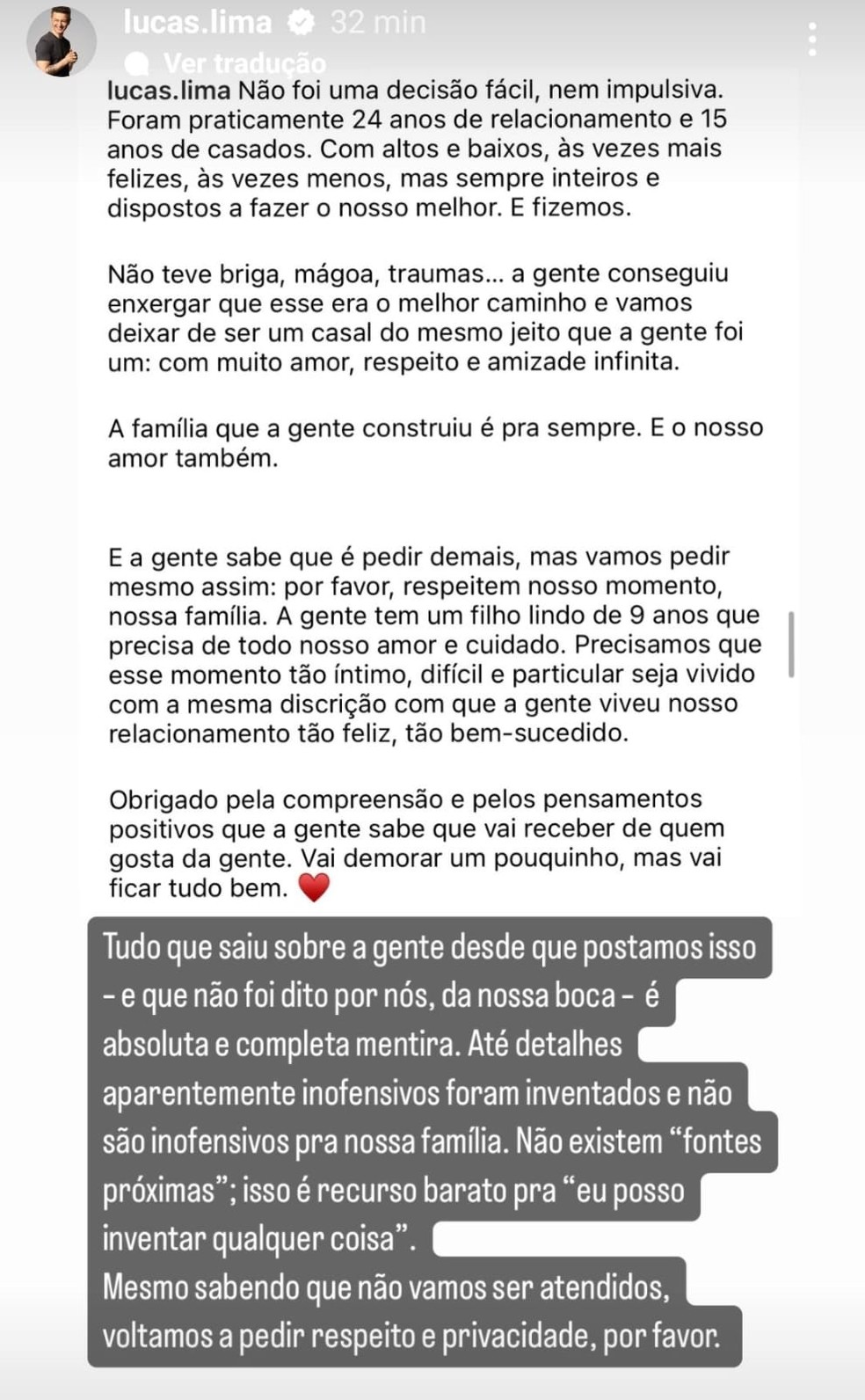 Lucas Lima nega que ele e Sandy vão reatar casamento — Foto: Instagram