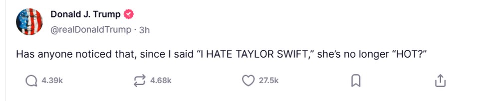 Donald Trump faz comentário sobre Taylor Swift — Foto: Reprodução/Instagram
