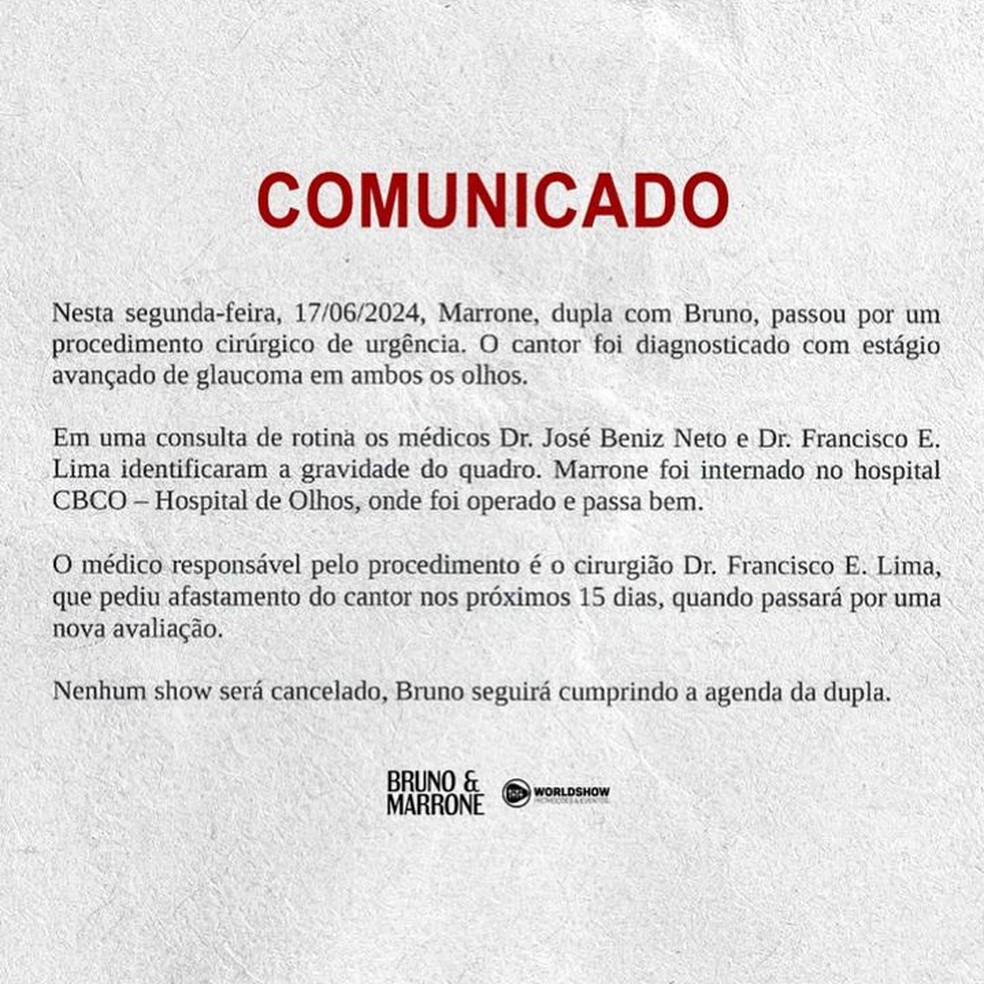 Marrone é diagnosticado com glaucoma — Foto: Reprodução/Instagram