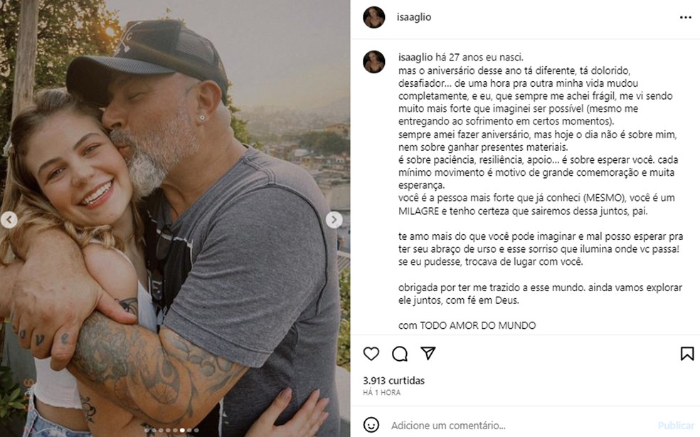 Isabella Aglio, filha de Rinaldo Amaral, o Mingau, do Ultraje a Rigor, fala de aniversário com o pai internado — Foto: Instagram