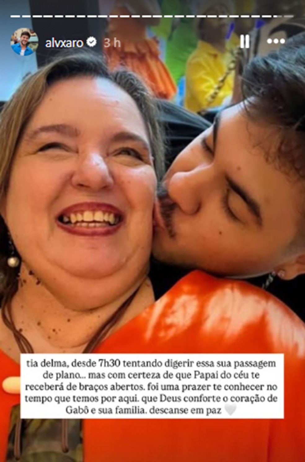 Álvaro Xaro lamenta a morte de Delma Maria, mãe da influenciadora Gabo Pantaleão — Foto: Reprodução/Instagram