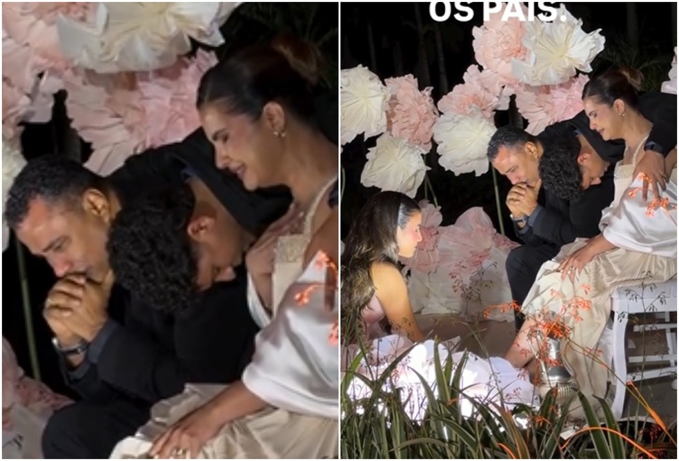 Maria Catherine lavou os pés dos pais Aline Barros e Gilmar Santos, na festa de 15 anos — Foto: Reprodução/Instagram