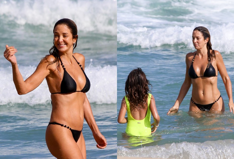 Após votar, Ticiane Pinheiro aproveita fim de tarde na praia com a filha