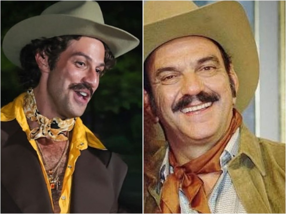 Chay Suede se caracterizou como Sinhozinho Malta, papel de Lima Duarte em 'Roque Santeiro' (Globo, 1985) — Foto: Anderson Bordê/AgNews e Divulgação/TV Globo