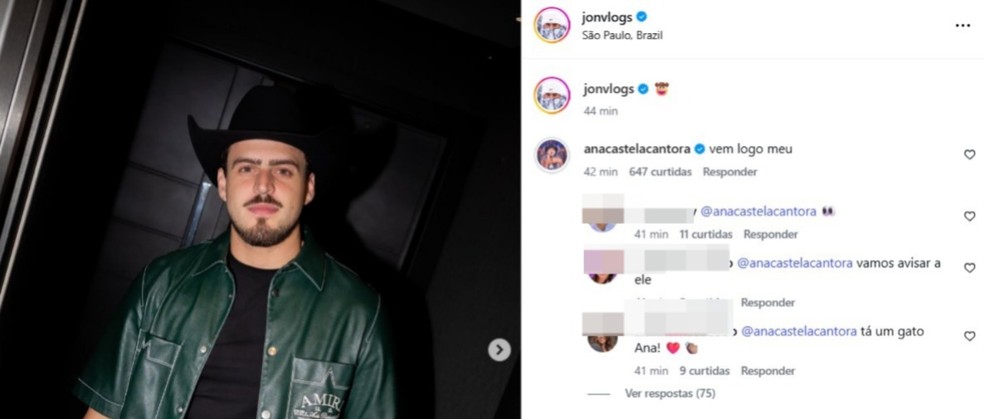 Ana Castela deixa comentário em foto de Jon Vlogs em meio a rumores de affair — Foto: Reprodução/Instagram