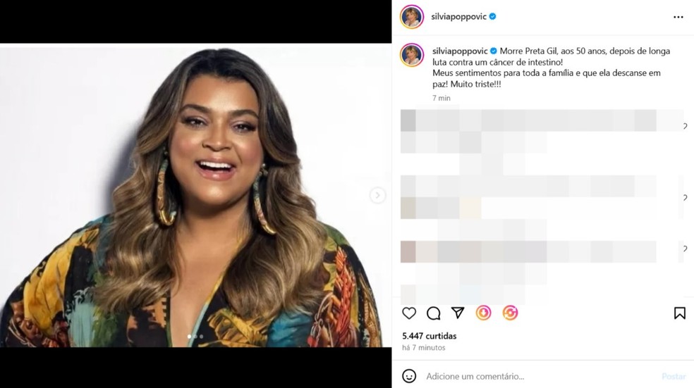 Silvia Popovic presta homenagem &agrave; Preta Gil &mdash; Foto: Reprodu&ccedil;&atilde;o/Instagram