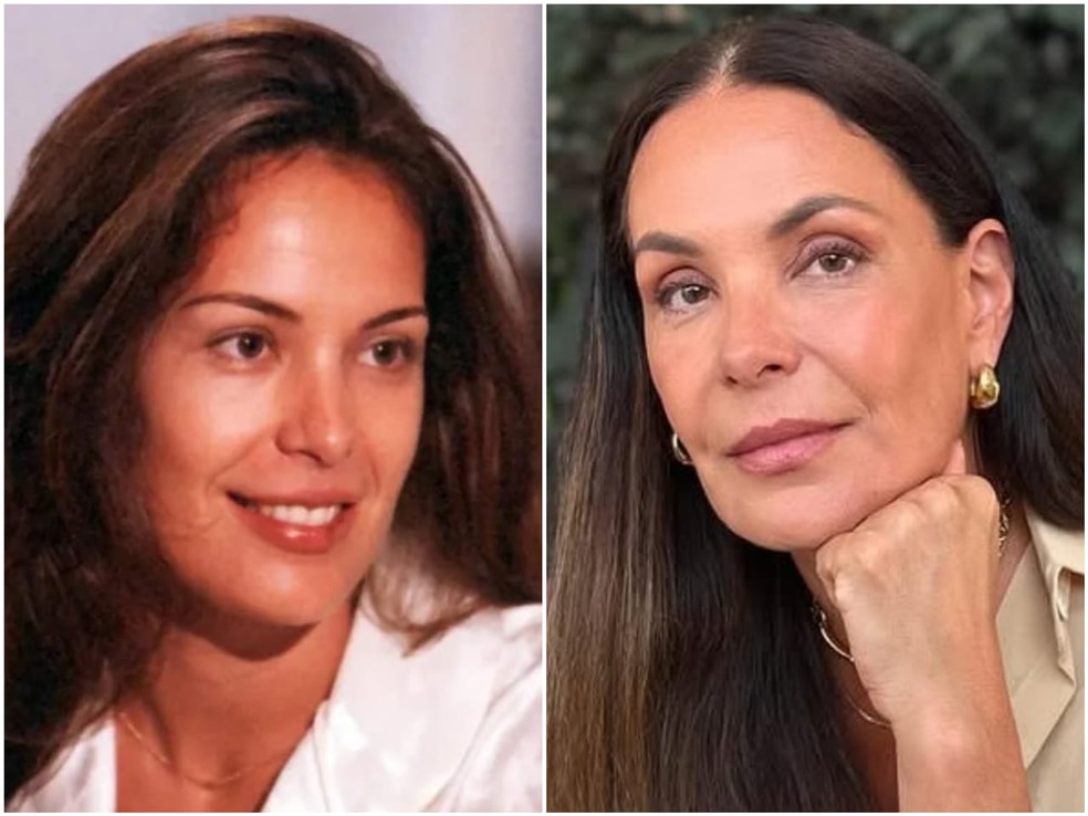 Antes e depois: Carolina Ferraz, como Paula, em 'História de Amor' (Globo, 1995) e com visual atual — Foto: TV Globo e Reprodução/Instagram