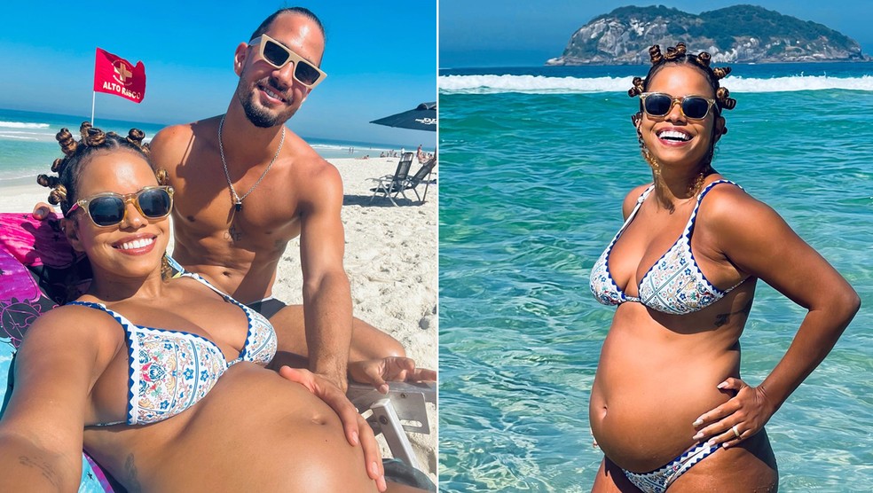 Jennifer Nascimento, grávida de cinco meses, curte praia com o marido — Foto: Reprodução Instagram