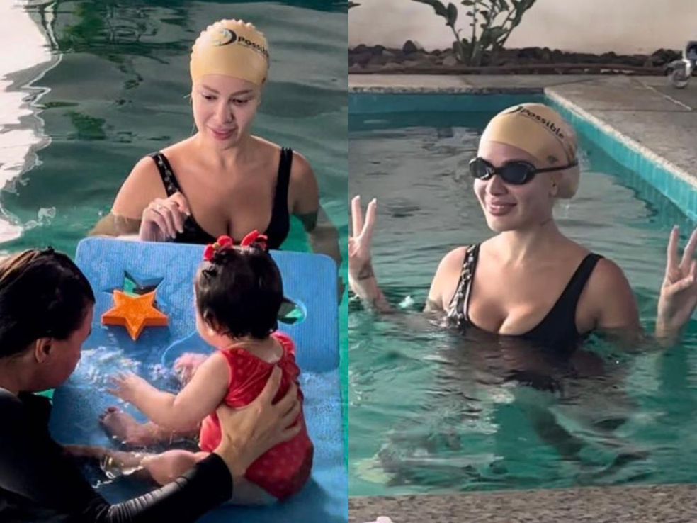 Karoline Lima em aula de natação com a filha ? Foto: Reprodução/Instagram