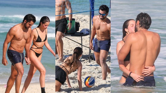 Agatha Moreira e Rodrigo Simas curtem praia coladinhos, com muitos beijos no mar; fotos