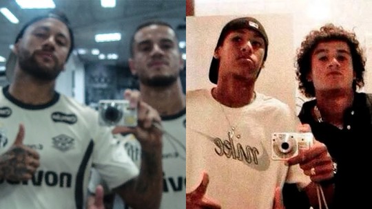 Antes x Depois: Neymar posa ao lado de Philippe Coutinho para recriar foto antiga