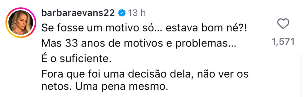 Bárbara Evans fala sobre estremecimento com a mãe, Monique Evans — Foto: Reprodução/Instagram