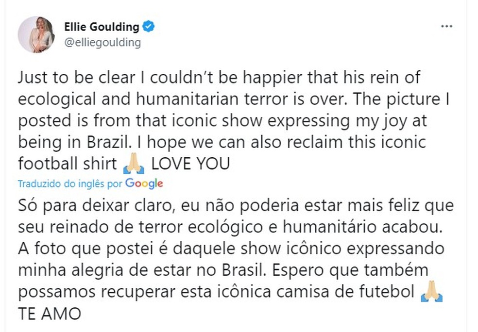 Ellie Goulding nega apoio a Bolsonaro após postar foto com a camisa da Seleção brasileira — Foto: Reprodução/Twitter