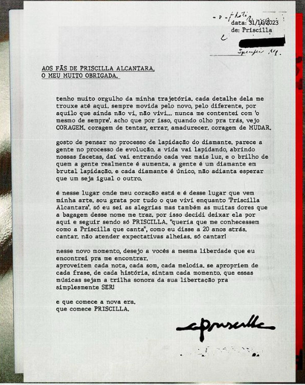Priscila Alcantara anuncia mudan&ccedil;a no nome art&iacute;stico &mdash; Foto: Reprodu&ccedil;&atilde;o