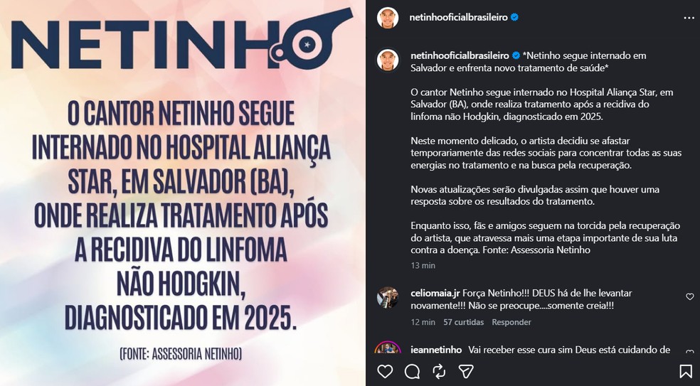 Cantor Netinho, do hit 'Mila', é internado após recidiva de câncer — Foto: Reprodução/Instagram