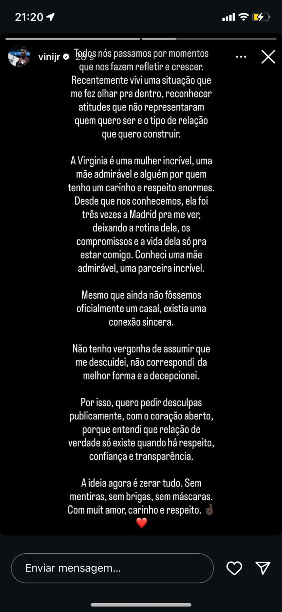 Vini Jr se pronuncia — Foto: Reprodução/Instagram