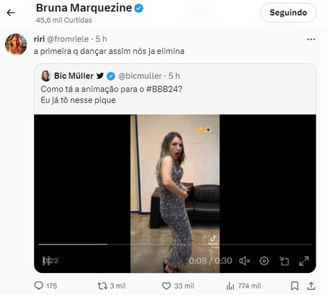 Bruna Marquezine curtiu post criticando dancinha de Amanda, do 'BBB 23'