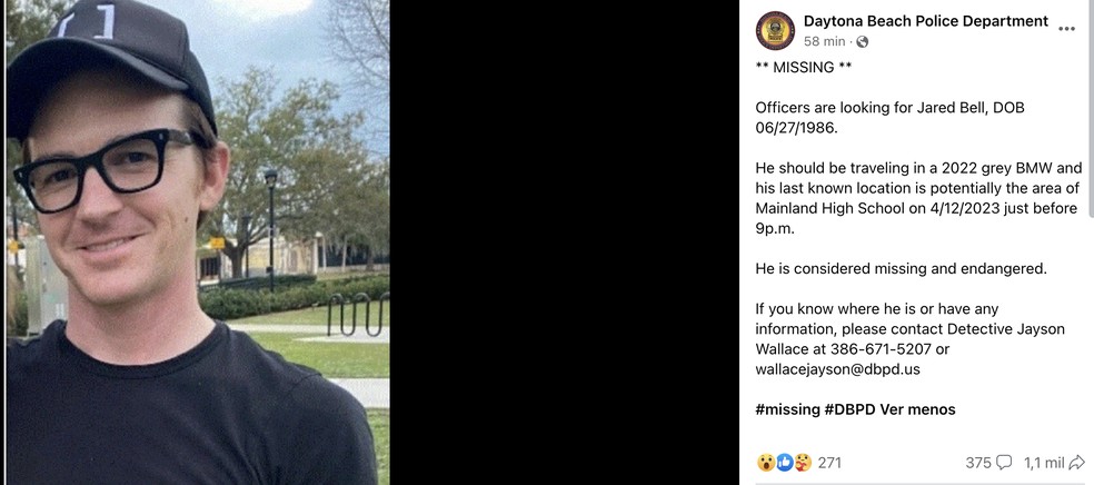 Drake Bell está desaparecido, segundo o Departamento de Polícia de Daytona Beach, na Flórida — Foto: Reprodução / Facebook