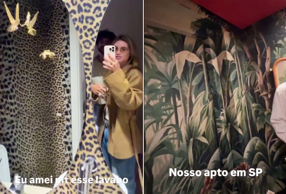 Novo apt de Virginia Fonseca tem lavabo com teto e paredes com veludo de oncinha e papel de parede de folhas e flores — Foto: Reprodução/Instagram