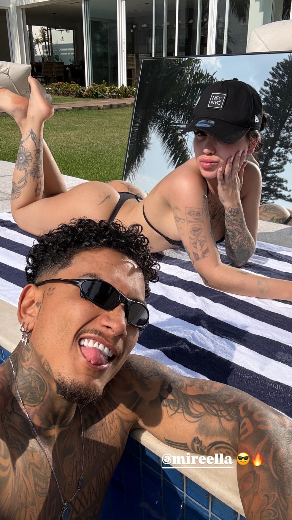 De fio-dental, MC Mirella curte piscina com Dynho Alves, a filha e amigos;  vídeos