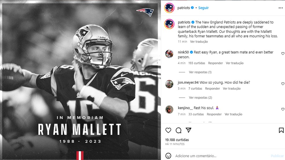 New England Patriots lamenta a morte de Ryan Mallett — Foto: Instagram