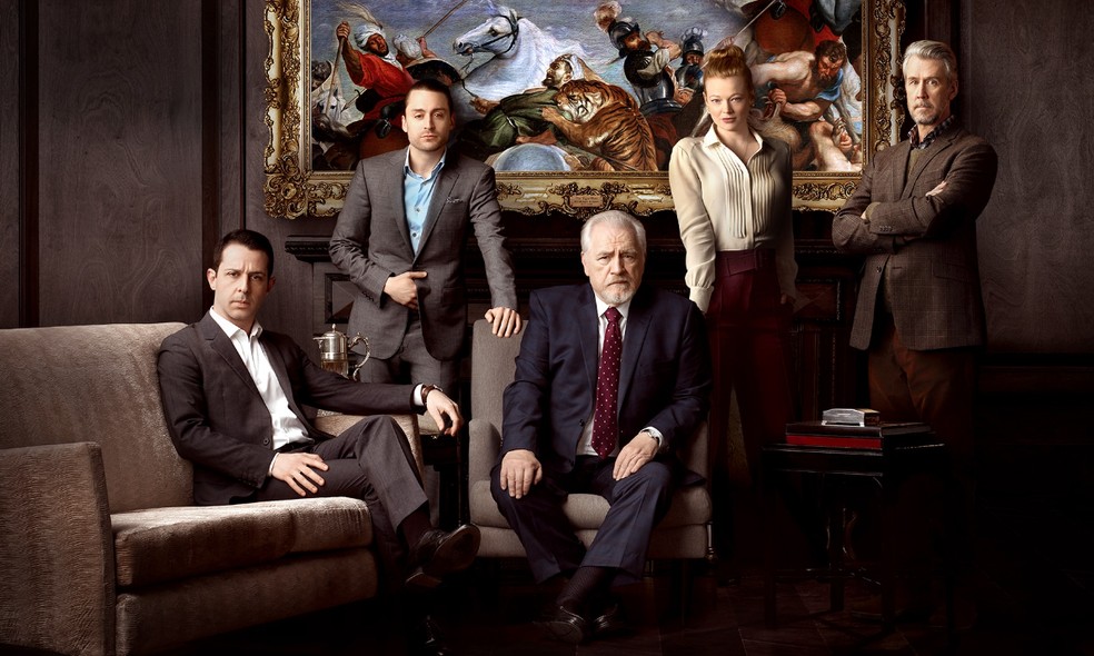 O elenco de 'Sucession': Jeremy Strong, Kirean Culkin, Brian Cox, Sarah Snook e Alan Ruck — Foto: Divulgação HBO