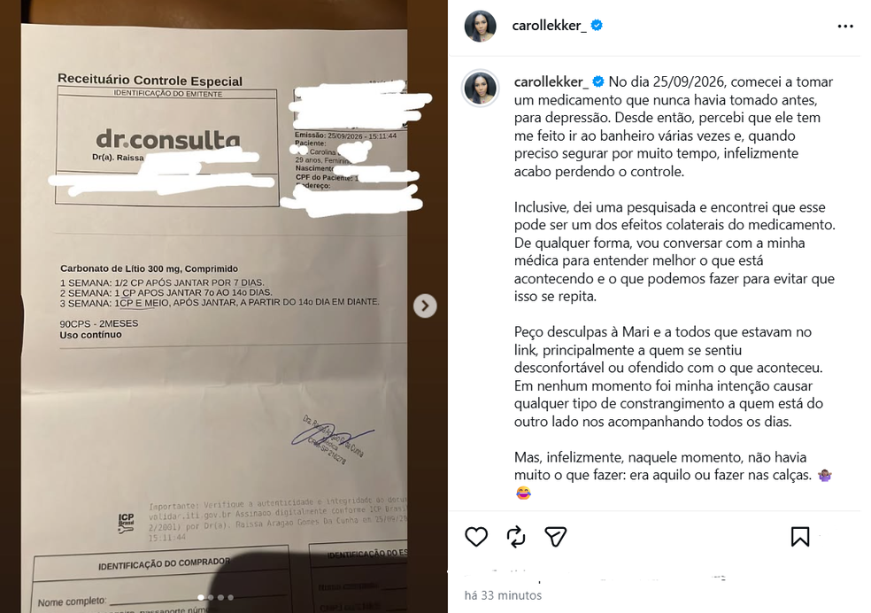 Carol Lekker explica episódio inusitado durante transmissão ao vivo — Foto: Reprodução/Instagram