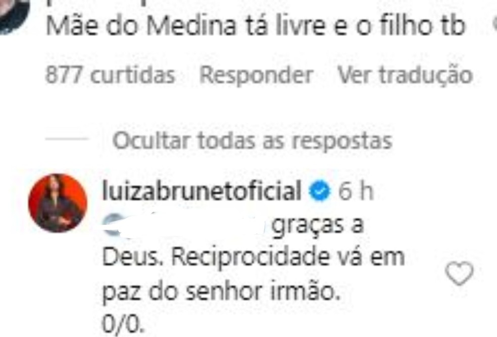 Luiza Brunet responde após seguidor afirmar que Medina se livrou de Yasmin Brunet — Foto: Reprodução/Instagram