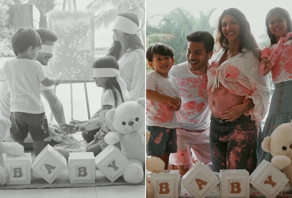Separados, Arthur Aguiar e Jheny Santucci fazem chá revelação do segundo bebê — Foto: Reprodução/Instagram