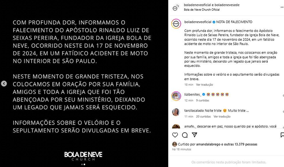 Igreja Bola de Neve confirma morte de seu fundador, Rinaldo Seixas Pereira, o apstolo Rina  Foto: Reproduo/Instagram