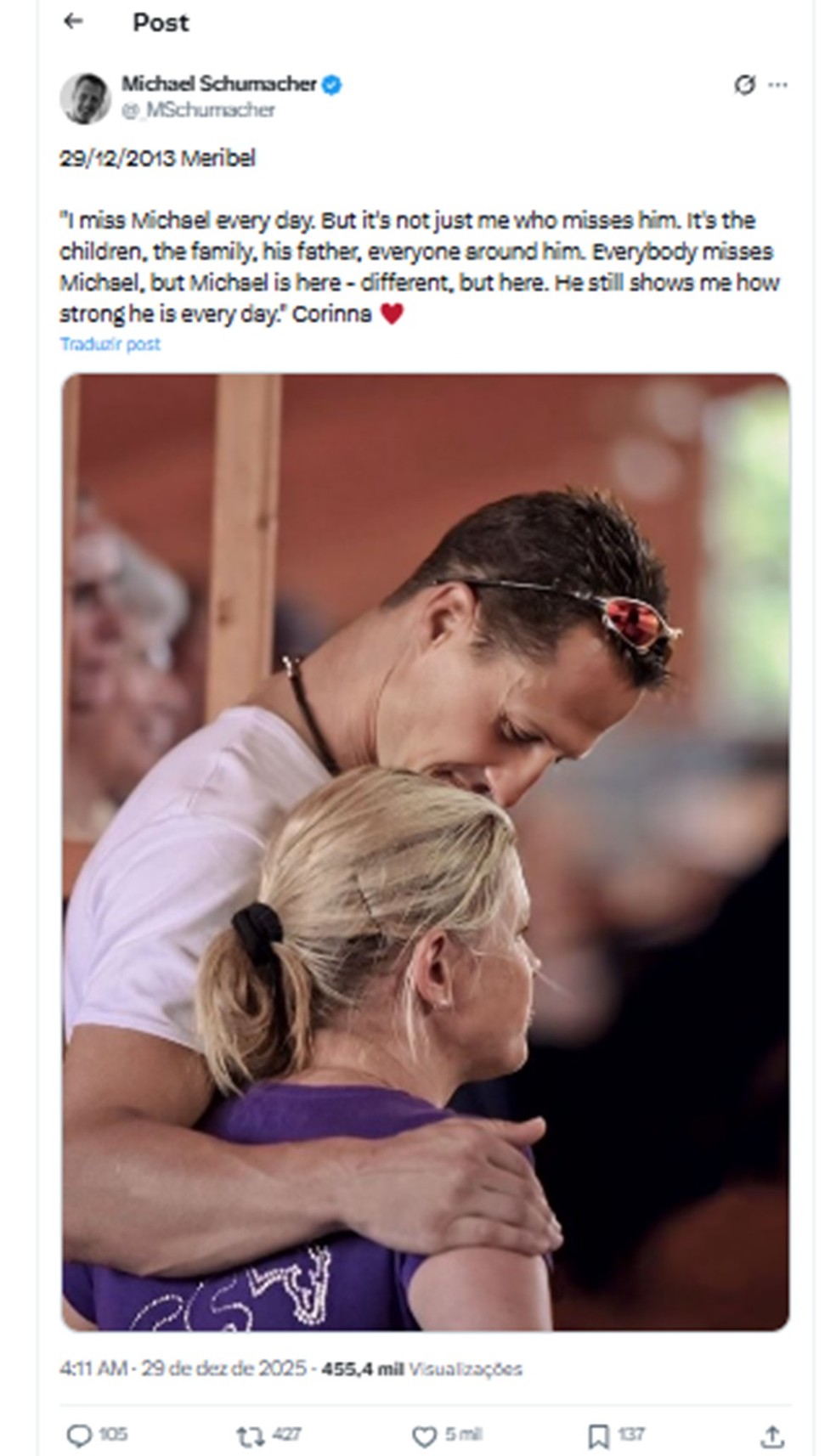 Post de Corinna Schumacher em perfil de Michael Schumacher — Foto: Reprodução/X