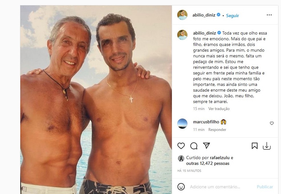 Abílio Diniz  homenageia o filho, João Paulo Diniz — Foto: Reprodução/Instagram