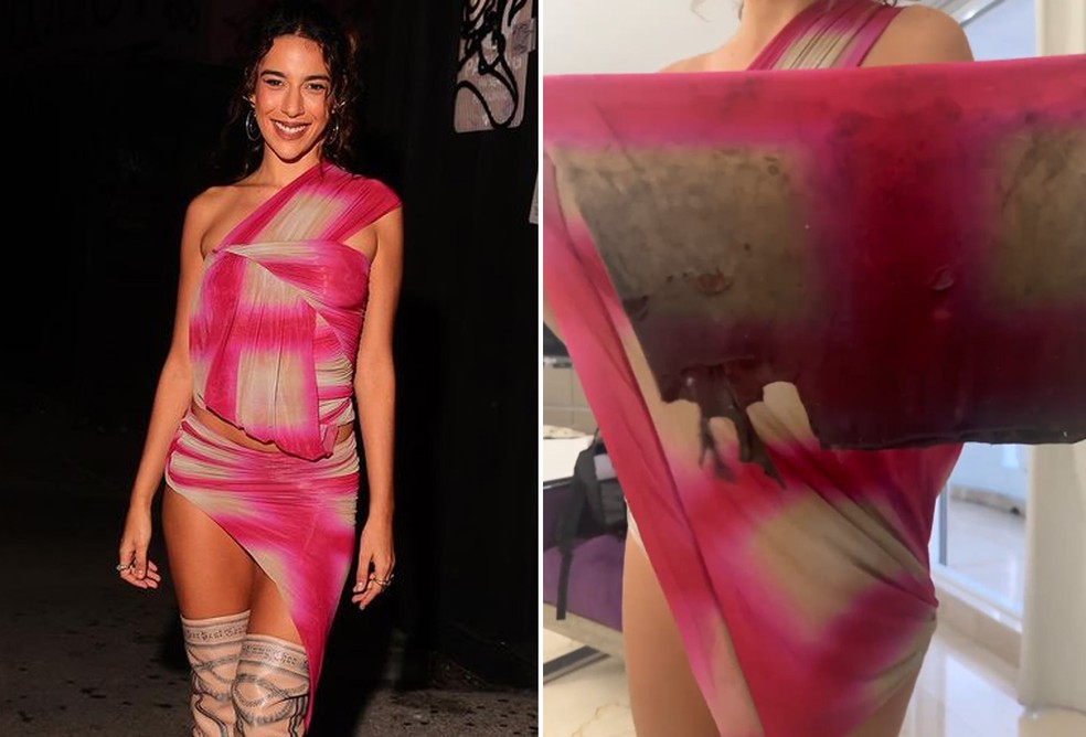 Vestido de Marina Sena antes e depois de ela curtir aniversário de Anitta — Foto: Reprodução/Instagram