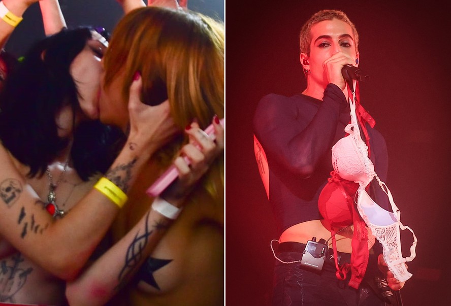De seios à mostra, fãs se beijam e jogam sutiãs para vocalista do Maneskin em São Paulo