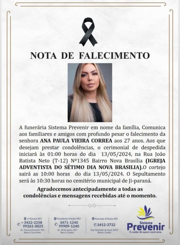 Informações de velório e enterro de Ana Paula Vieira — Foto: Reprodução/Instagram